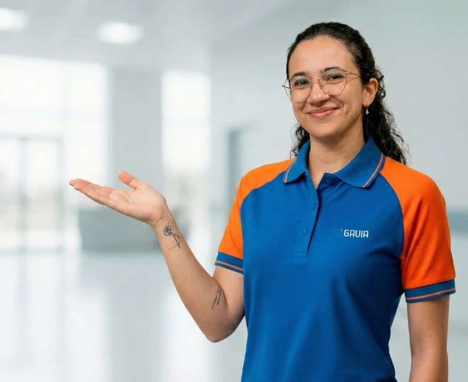 Profissional uniformizada da Gavia Engenharia apresentando as soluções em manutenção de sistemas hospitalares e prevenção de incêndios na página Quem Somos.