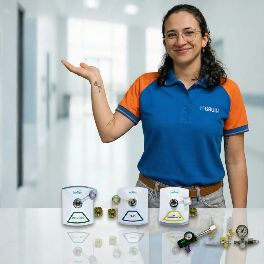 Profissional da Gavia VMG apresentando postos de consumo e acessórios para infraestrutura de gases medicinais hospitalares.